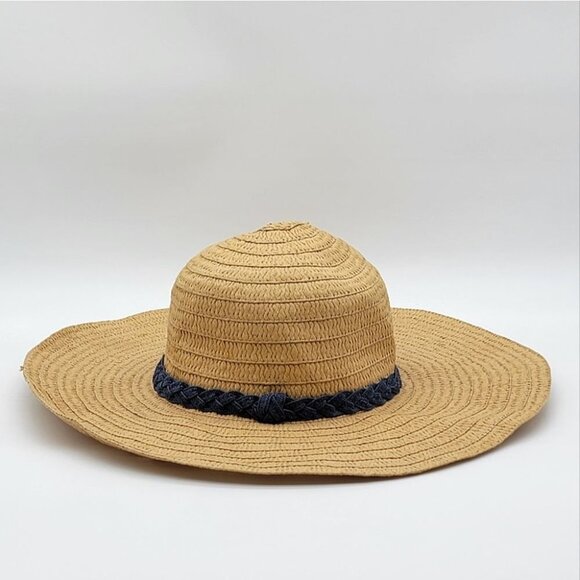 Women's Floppy Wide Brim Straw Summer Hat Tan & Navy - Picture 2 of 10